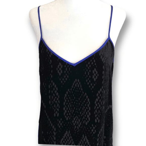 Rebecca Taylor Black Burnout Velvet Snake Print Slip Dress Blue Trim Size 4 - Picture 6 of 11
